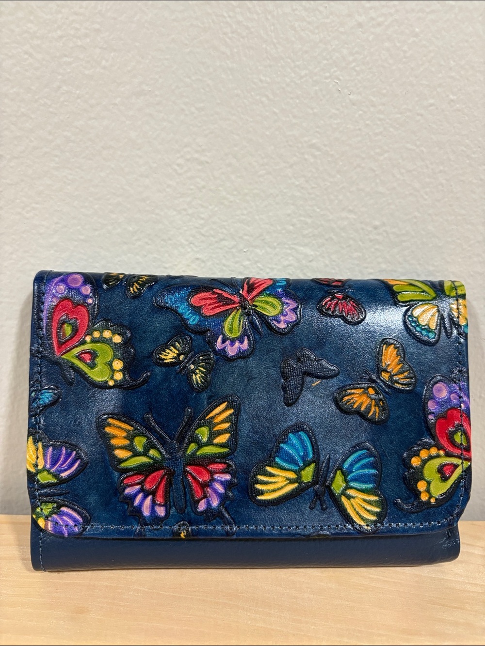Butterfly Embossed Navy Leather Wallet - Colorful Butterflies